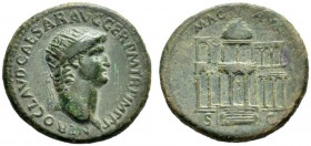  The Roman Empire   Nero augustus, 54 – 68  Dupondius circa 64, Æ 14.15 g. Radiate head r. Rev. Frontal view of the Macellum Magnum flanked by two-sto...