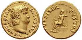  The Roman Empire   Nero augustus, 54 – 68  Aureus 64-65, AV 7.24 g. Laureate head r. Rev. Jupiter seated l. on throne, holding thunderbolt and long s...