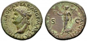  The Roman Empire   Nero augustus, 54 – 68  Dupondius, Lugdunum circa 66, Æ 14.04 g. Laureate head l. with globe at point of bust. Rev. Victory walkin...
