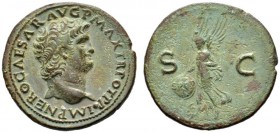  The Roman Empire   Nero augustus, 54 – 68  As, Lugdunum circa 66, Æ 10.05 g. Laureate head r. with globe at point of bust. Rev. Victory flying l. hol...