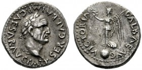  The Roman Empire   Galba, 68 – 69  Quinarius, Lugdunum November 68-January 69, AR 1.79 g. Laureate bust r. Rev. Victory standing l. on globe holding ...