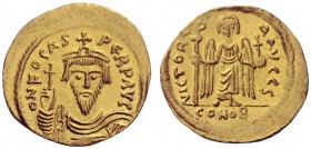  The Byzantine Empire   Phocas, 602 – 610  Solidus 607-610, AV 4.47 g. Draped and cuirassed bust facing, wearing crown and holding globus cruciger . R...