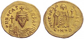  The Byzantine Empire   Phocas, 602 – 610  Solidus 607-610, AV 4.49 g. Draped and cuirassed bust facing, wearing crown and holding globus cruciger . R...