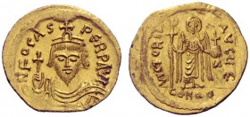  The Byzantine Empire   Phocas, 602 – 610  Solidus 607-610, AV 4.47 g. Draped and cuirassed bust facing, wearing crown and holding globus cruciger . R...