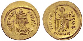  The Byzantine Empire   Phocas, 602 – 610  Solidus 607-610, AV 4.53 g. Draped and cuirassed bust facing, wearing crown and holding globus cruciger . R...