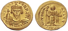  The Byzantine Empire   Phocas, 602 – 610  Solidus 607-610, AV 4.37 g. Draped and cuirassed bust facing, wearing crown and holding globus cruciger . R...