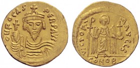  The Byzantine Empire   Phocas, 602 – 610  Solidus 607-610, AV 4.36 g. Draped and cuirassed bust facing, wearing crown and holding globus cruciger . R...
