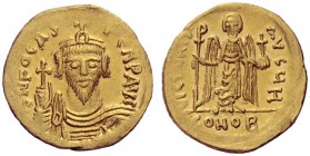  The Byzantine Empire   Phocas, 602 – 610  Solidus 607-610, AV 4.01 g. Draped and cuirassed bust facing, wearing crown and holding globus cruciger . R...
