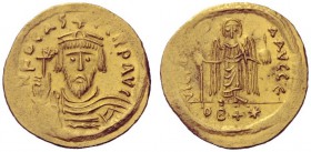  The Byzantine Empire   Phocas, 602 – 610  Light weight solidus of 22 siliquae 607-610, AV 4.13 g. Draped and cuirassed bust facing, wearing crown and...