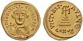  The Byzantine Empire   Constans II, 641 – 678, with colleagues from 654  Solidus 644-646, AV 4.45 g. Bust facing, beardless, wearing crown and holdin...