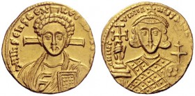  The Byzantine Empire   Justinian II 2nd reign with colleague, 705 – 711  Solidus 705-711, AV 4.55 g. Facing bust of Christ, with short beard and curl...