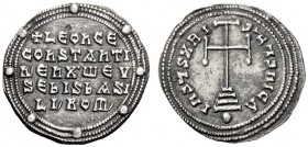  The Byzantine Empire   Leo VI the Wise, 886 – 912 with colleagues from 879.  Miliaresion 908-912, AR 2.68 g. Legend on three lines within a triple bo...