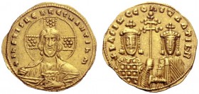  The Byzantine Empire   Basil II Bulgaroctonos, 976 –1025, with Constantine VIII, co-emperor throughout the reign  Histamenon 989-1001, AV 4.43 g. Fac...