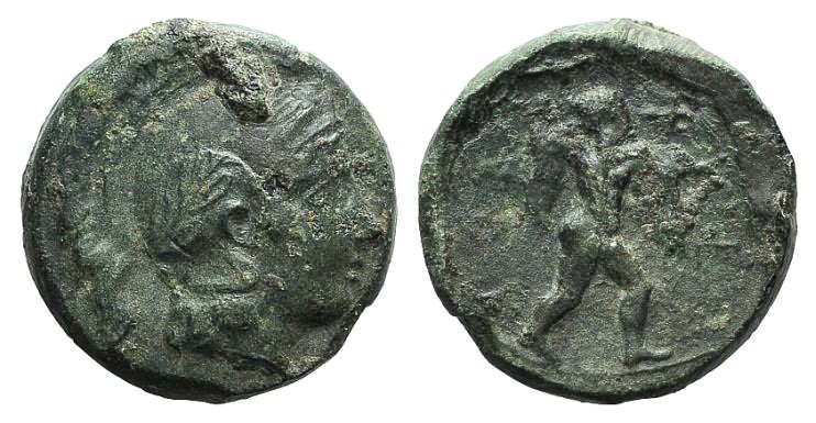 Northern Lucania, Poseidonia, c. 420-390 BC. Æ (15mm, 3.52g, 12h). Helmeted head...