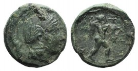 Northern Lucania, Poseidonia, c. 420-390 BC. Æ (15mm, 3.52g, 12h). Helmeted head of Athena r. R/ Poseidon wielding trident r. HNItaly 1155; Grunauer V...