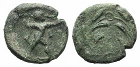Northern Lucania, Poseidonia, c. 350-290 BC. Æ (12mm, 1.49g, 12h). Laurel-wreath. R/ Poseidon standing r., wielding trident. HNItaly 1161; Grunauer XI...