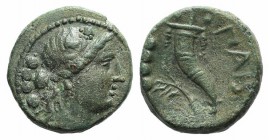 Northern Lucania, Paestum, c. 218-201 BC. Æ Triens (14mm, 3.43g, 11h). Female head r., wearing ivy-wreath; four pellets behind. R/ Cornucopia; branch ...