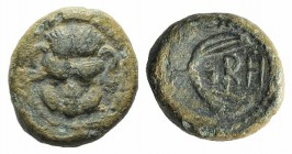 Bruttium, Rhegion, c. 425/0-415/0 BC. Æ (8mm, 1.02g, 7h). Facing lion’s scalp. R/ Olive spray encircling PH. HNItaly 2522; SNG ANS 683. Green patina, ...