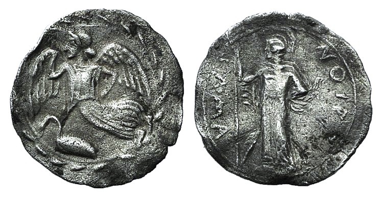 Sicily, Kamarina, c. 461-440/35 BC. AR Litra (11mm, 0.41g, 8h). Nike flying l.; ...