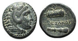 Kings of Macedon, Alexander III ‘the Great' (336-323). Æ (17mm, 5.88g, 3h). Uncertain Macedonian mint. Head of Herakles r., wearing lion skin. R/ Bow ...