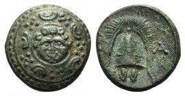 Kings of Macedon, Philip III (323-317 BC). Æ Half Unit (15mm, 4.01g, 12h). Salamis, under Nikokreon. Macedonian shield, facing gorgoneion on boss. R/ ...