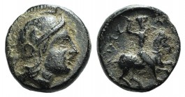 Mysia, Astyra. Tissaphernes (c. 400-395 BC). Æ Chalkous (8.5mm, 0.97g, 12h). Helmeted head of Athena r. R/ Tissaphernes on horseback r. Winzer 6.3; SN...
