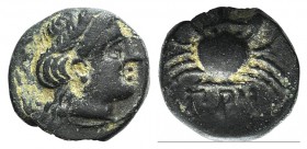 Mysia, Priapos, 1st century BC. Æ (9mm, 1.10g, 6h). Laureate head of Apollo r. R/ Crab; harpa below. SNG BnF –; SNG Copenhagen –; SNG von Aulock 7526....
