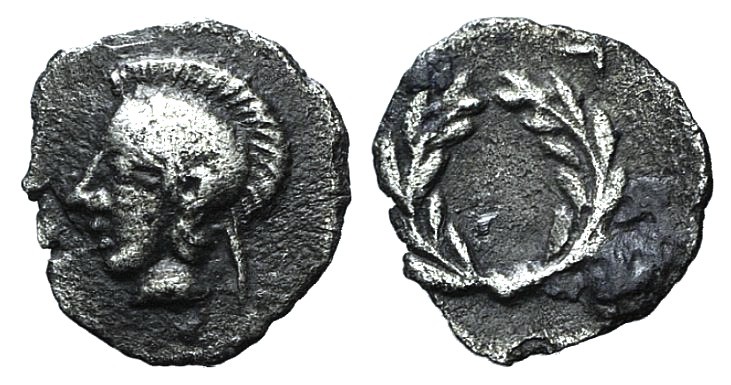 Aeolis, Elaia, c. 450-400 BC. AR Hemiobol (7mm, 0.22g, 6h). Helmeted head of Ath...