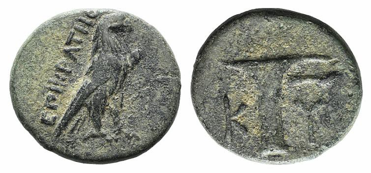 Aeolis, Kyme, c. 350-250 BC. Æ (14mm, 3.61g, 10h). Diogenes magistrate. Eagle st...