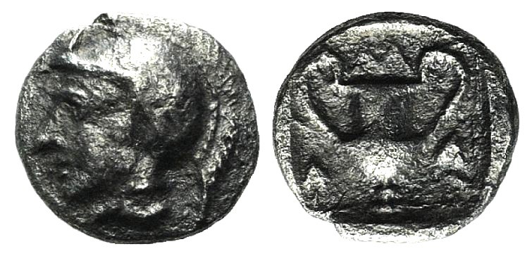 Lesbos, Methymna, c. 450-379 BC. AR Obol (7mm, 0.46g, 6h). Helmeted head of Athe...