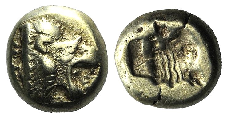 Lesbos, Mytilene, c. 521-478 BC. EL Hekte (10mm, 2.51g, 3h). Head of roaring lio...