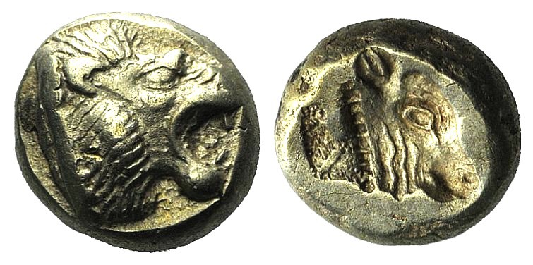 Lesbos, Mytilene, c. 521-478 BC. EL Hekte (10mm, 2.55g, 3h). Head of roaring lio...