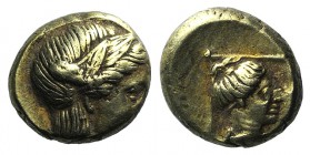 Lesbos, Mytilene, c. 377-326 BC. EL Hekte (8mm, 2.54g, 12h). Laureate head of Apollo r. R/ Head of Artemis r., hair in sphendone; serpent behind; all ...