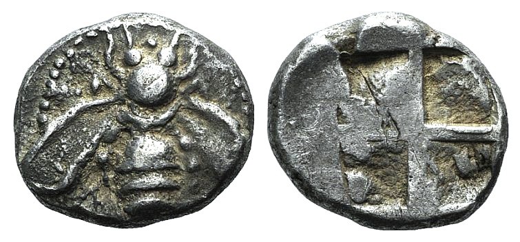 Ionia, Ephesos, c. 500-420 BC. AR Drachm (14mm, 3.47g). Bee. R/ Quadripartite in...