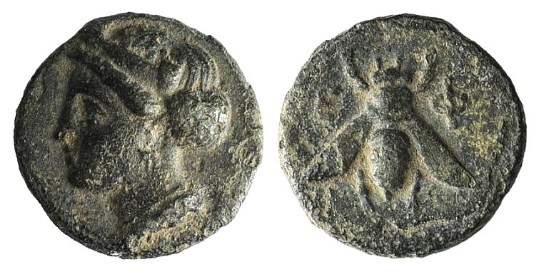 Ionia, Ephesos, c. 375 BC. Æ (10mm, 1.11g, 12h). Female head l. R/ Bee. SNG Cope...