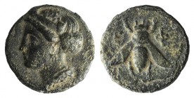 Ionia, Ephesos, c. 375 BC. Æ (10mm, 1.11g, 12h). Female head l. R/ Bee. SNG Copenhagen 256; SNG von Aulock 1839. Green patina, VF