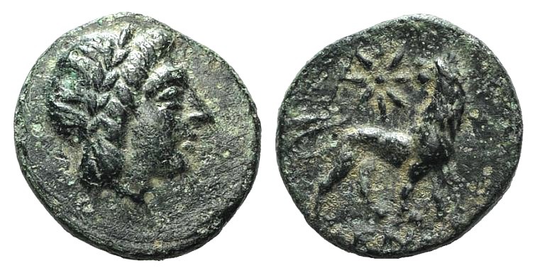 Ionia, Miletos, c. 350-325 BC. Æ (11mm, 1.03g, 12h). Dionysos, magistrate. Laure...