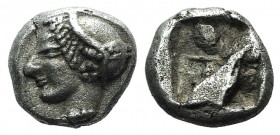 Ionia, Phokaia, c. 521-478 BC. AR Diobol (8mm, 1.32g). Archaic female head l. R/ Quadripartite incuse square. Klein 452-3. Good VF