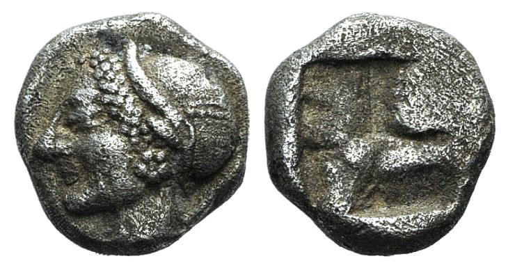 Ionia, Phokaia, c. 521-478 BC. AR Diobol (8mm, 1.26g). Archaic female head l. R/...