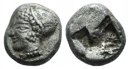Ionia, Phokaia, c. 521-478 BC. AR Diobol (7mm, 1.30g). Archaic female head l. R/ Quadripartite incuse square. Klein 452-3. Porous, VF - Good VF