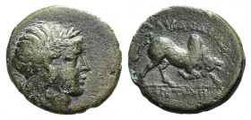 Caria, Alabanda, c. 2nd century BC. Æ (17mm, 3.46g, 12h). Laureate head of Apollo r. R/ Bull charging r. SNG Copenhagen -; SNG von Aulock -; BMC -. Gr...