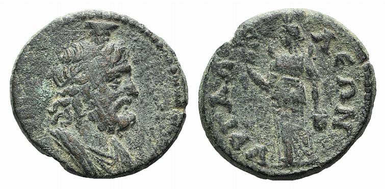 Phrygia, Hyrgaleis, c. 188-235. Æ (18mm, 3.92g, 6h). Bust of Serapis r., hair bo...