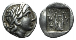 Lycian League. Myra, c. 167-100 BC. AR Hemidrachm (14mm, 2.79g, 12h). Laureate head of Apollo r. R/ Lyre within rectangular incuse. Troxell Period II,...