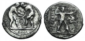 Pamphylia, Aspendos, c. 380/75-330/25 BC. AR Stater (22mm, 10.82g, 6h). Two wrestlers grappling; ИF between. R/ Slinger in throwing stance r.; triskel...