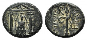 Pamphylia, Perge, c. 50-30 BC. Æ (15mm, 5.21g, 9h). Cult statue of Artemis Pergaia facing within distyle temple. R/ Bow and quiver. Colin series 7.2; ...
