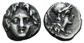 Pisidia, Selge, c. 250-190 BC. AR Obol (8mm, 0.97g, 12h). Facing gorgoneion. R/ Helmeted head of Athena r.; spearhead to l. SNG BnF 1948–50. Toned, VF...