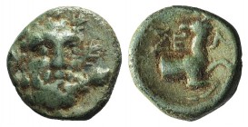 Pisidia, Selge, 2nd-1st century. Æ (12mm, 1.98g, 12h). Laureate and bearded head of Herakles facing, lion-skin around neck; club to l. R/ Forepart of ...