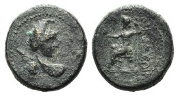 Lycaonia, Eikonion, c. 1st century AD. Æ (18mm, 5.97g, 12h). Bust of Perseus seen from behind, holding harpa and gorgoneion's head. R/ Zeus seated l.,...