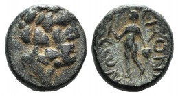 Lycaonia, Eikonion, c. 1st century BC. Æ (13mm, 3.01g, 12h). Laureate head of Zeus r. R/ Naked Perseus standing L., holding harpa and gorgon's head. S...