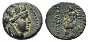 Cilicia, Epiphaneia, 1st century BC. Æ (17mm, 4.57g, 12h). Turreted, veiled and draped bust of Tyche r. R/ Zeus Nikephoros seated l. SNG BnF -; SNG Le...